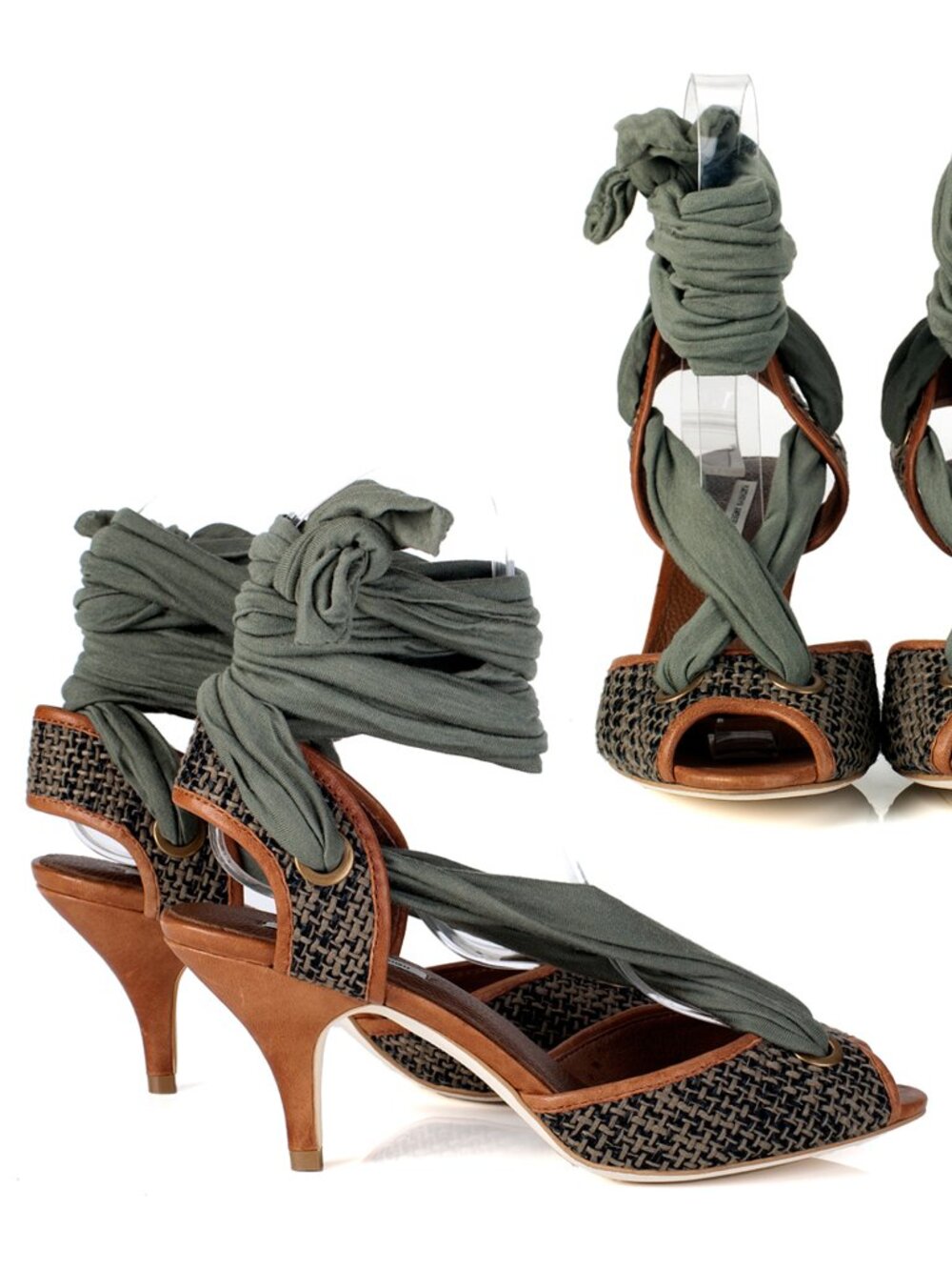 New Linen Blend and Genuine Leather Combined Kitten Heels NYC Designer Handmade